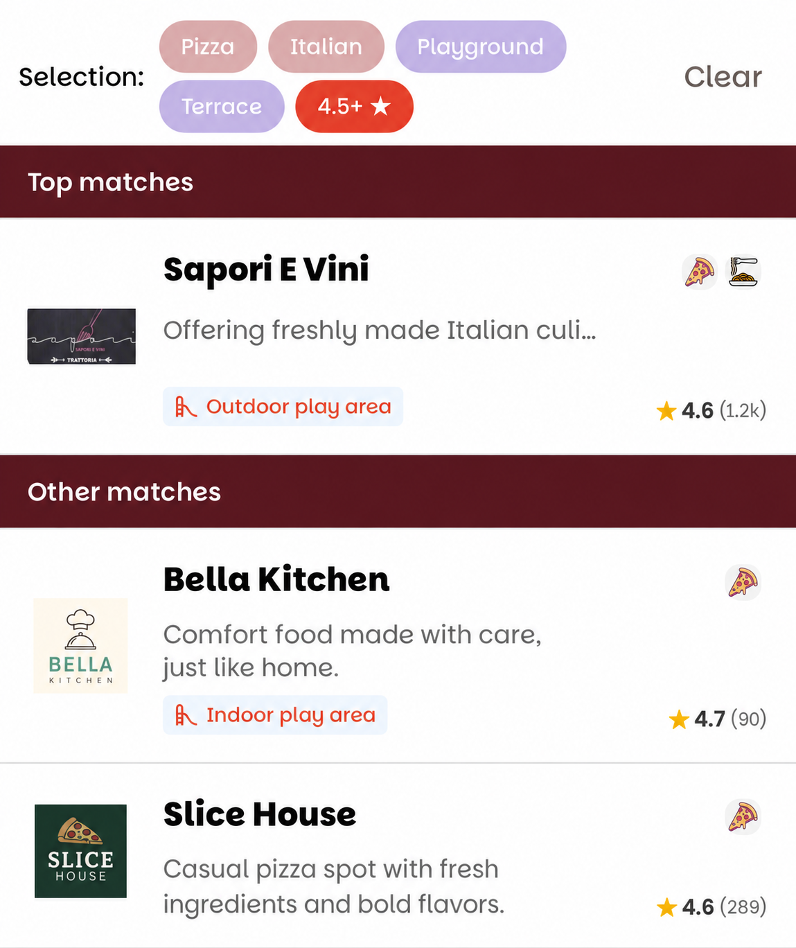 Dinesty app — restaurants ranked into Top matches and Other matches for a stack of filters