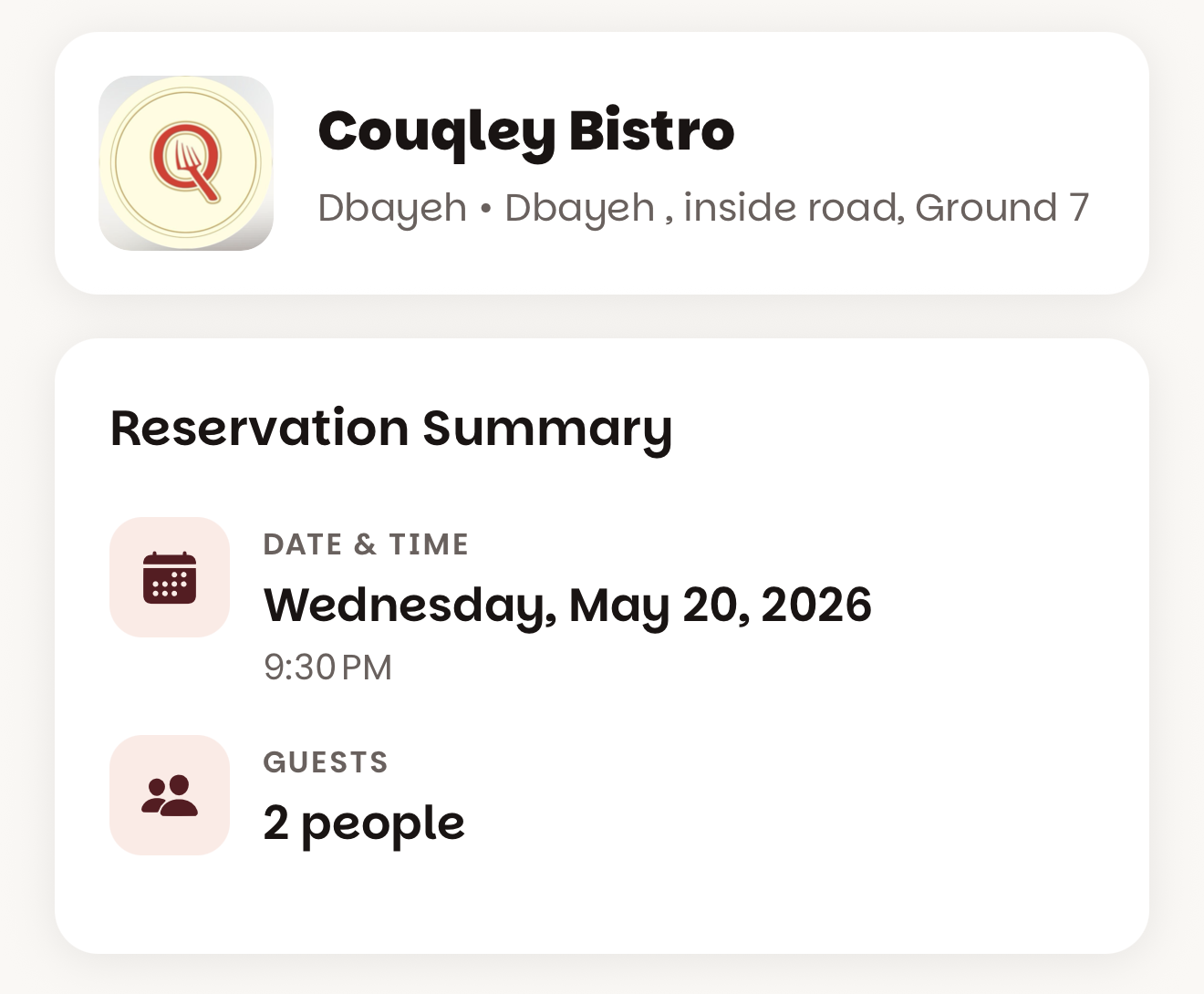 Dinesty app — reservation summary for Couqley Bistro on Wednesday, May 20 2026 at 9:30 PM for 2 guests
