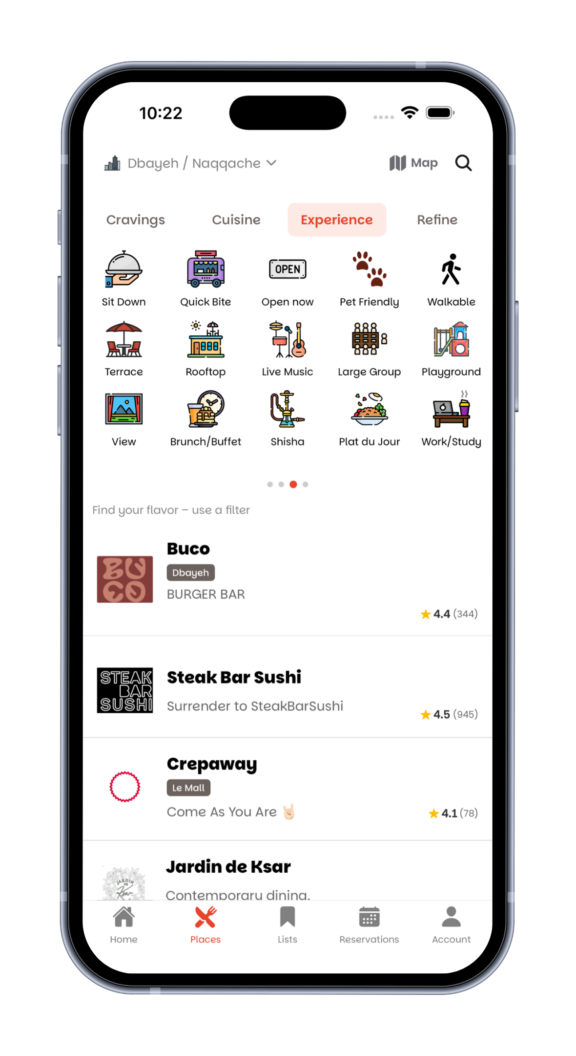 Dinesty app — browse restaurants by experience in Dbayeh / Naqqache